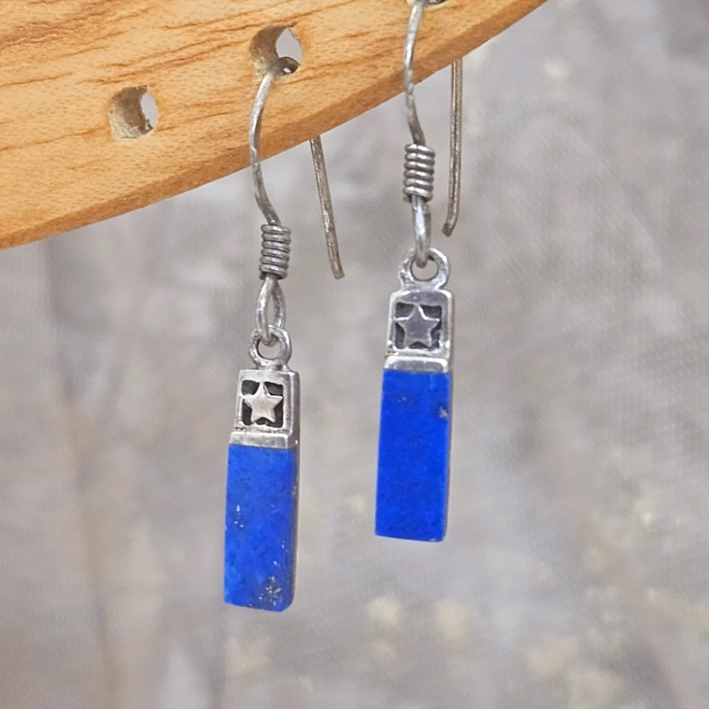 Lapis Lazuli Blue Stone 925 Mexico Delicate Dangle Earrings Sterling Silver